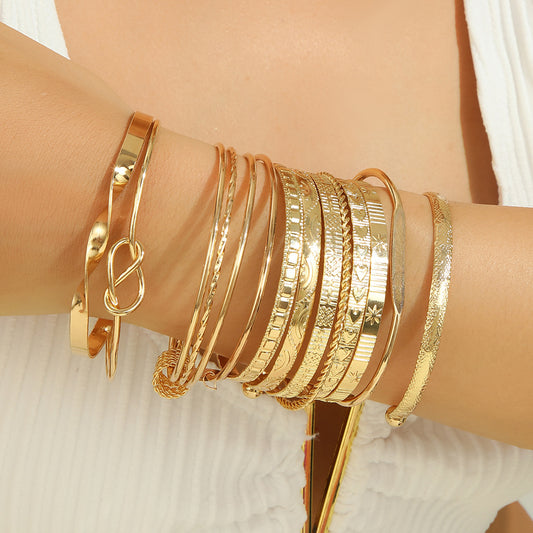 Cross-border European and American hot-selling retro multi-layer rhombus pattern bracelet female exaggerated metal twist twist bracelet 12-piece set