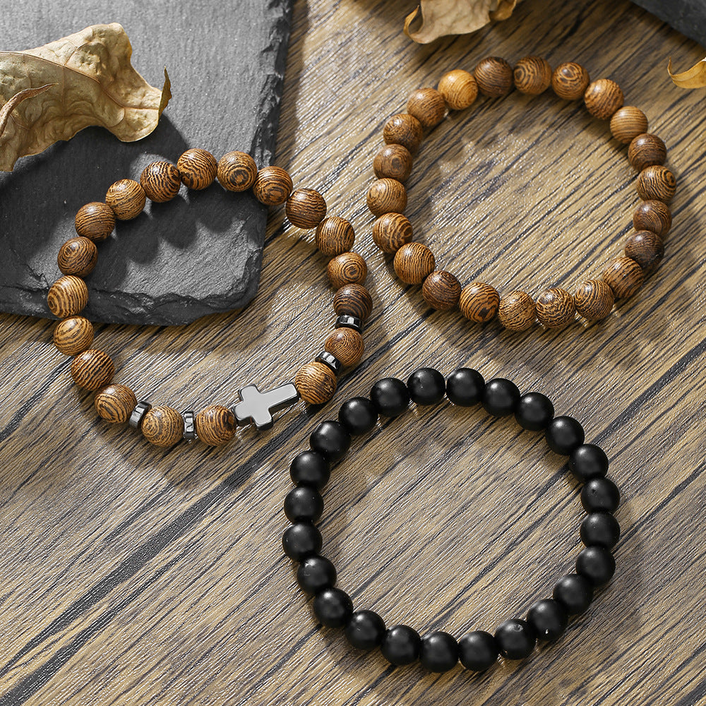 Factory direct sales cross-border hot-selling jewelry, black gallstone cross, wooden bead personalized bracelet, men's elastic bracelet set