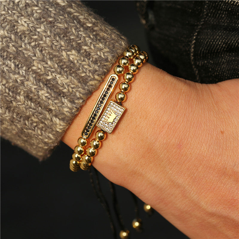 欧美复古皇冠编织手链罗马字母不锈钢手镯套装男  朋克手镯手链男