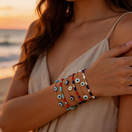 European and American niche trendy jewelry eye sky beaded bracelet light luxury niche multi-layer stacked rice bead bracelet