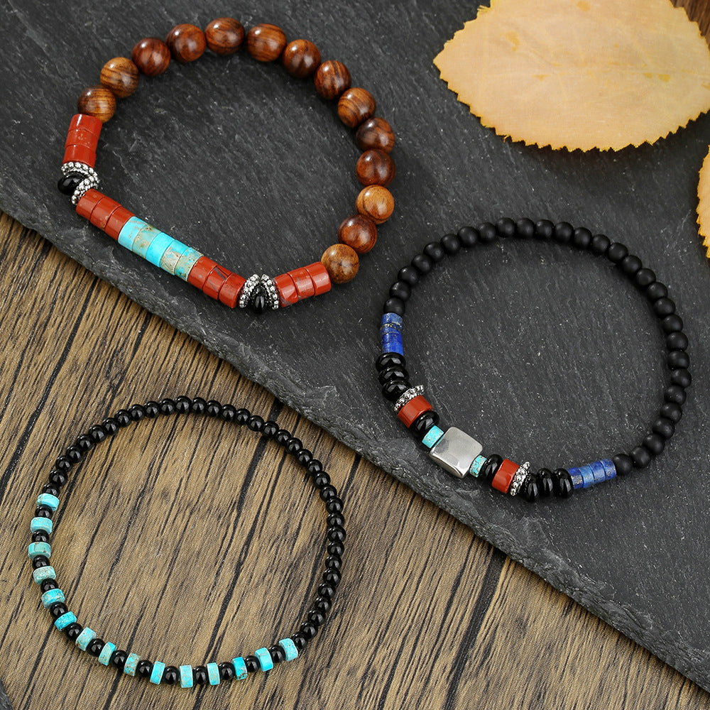 Cross-border new natural stone beaded bracelet combination men's personality retro bohemian black gallstone stacked bracelet
