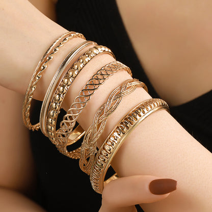 Cross-border European and American new jewelry, fashionable personalized texture multi-layer metal bracelet set 7 sets of iron bracelets