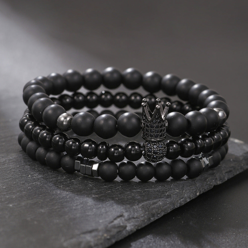 Cross-border hot-selling black matte black gallstone bracelet elastic micro-inlaid zircon crown diamond ball bracelet set couple bracelet
