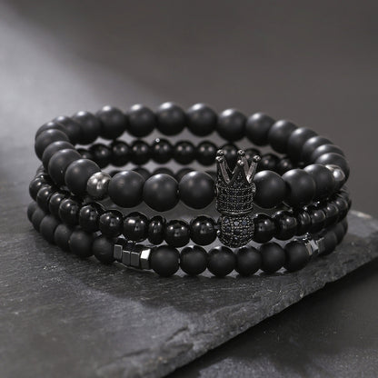 Cross-border hot-selling black matte black gallstone bracelet elastic micro-inlaid zircon crown diamond ball bracelet set couple bracelet