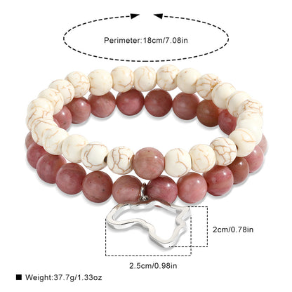 Cross-border hot-selling jewelry, natural stone set, bead elastic bracelet, stainless steel Africa map pendant, couple bracelet.