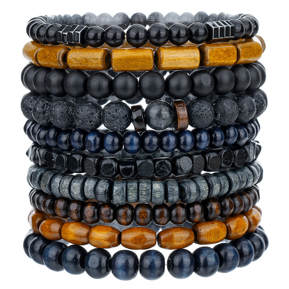 Cross-border hot-selling wood bead alloy multi-layer elastic bracelet bracelet combination European and American retro men's beaded hip-hop bracelet