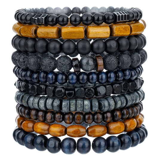 Europe and the United States cross-border hot-selling jewelry men's retro wood beads volcanic stone elastic bracelet versatile niche stacked bracelet cover