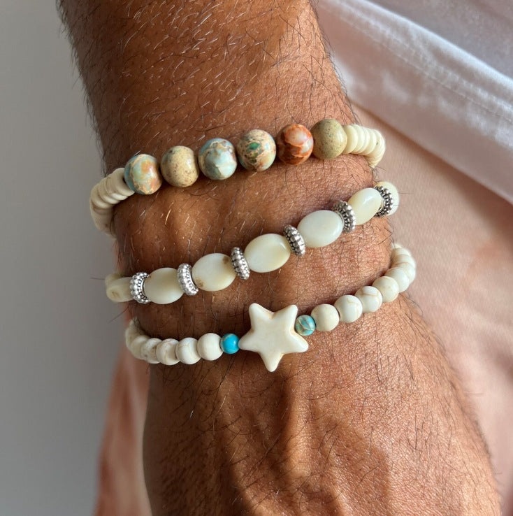Vacation wind bohemian shell bracelet ins niche men stacked with regal stone turquoise pentagram bracelet