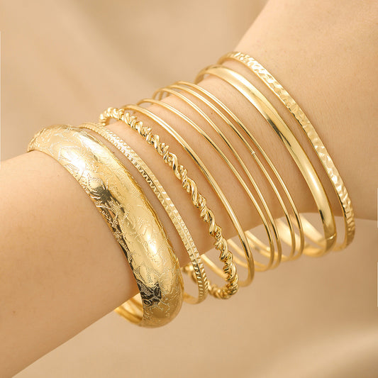 Ethnic style European and American new bracelets, exaggerated personality Bohemian feng shui ripple smooth surface stacked bracelet ten-piece set