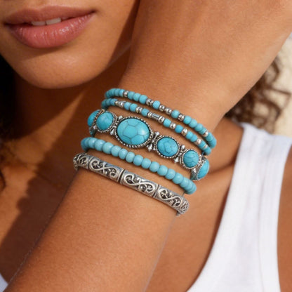 Cross-border hot-selling ethnic style imitation turquoise bracelet, European and American personalized commuting stacking and wearing jewelry combination vacation bracelet