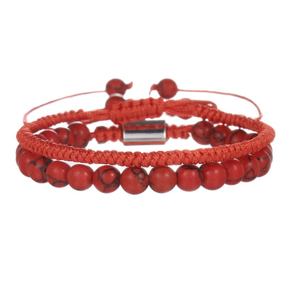 Cross-border hot-selling diamond knot woven bracelet men's combination volcanic stone blue turquoise tiger's eye adjustable couple bracelet