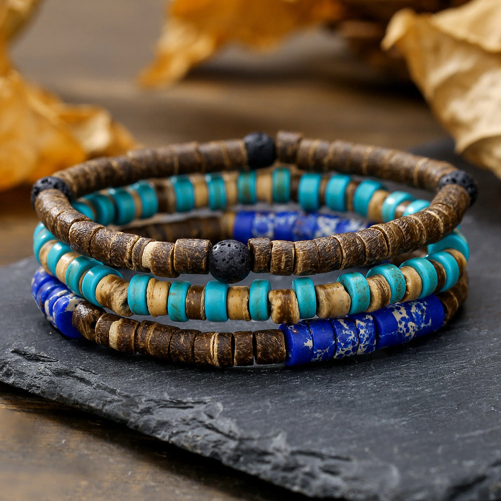Cross-border hot-selling handmade beaded coconut shell wood chip bracelet men's retro style multi-layer stacked turquoise emperor stone bracelet