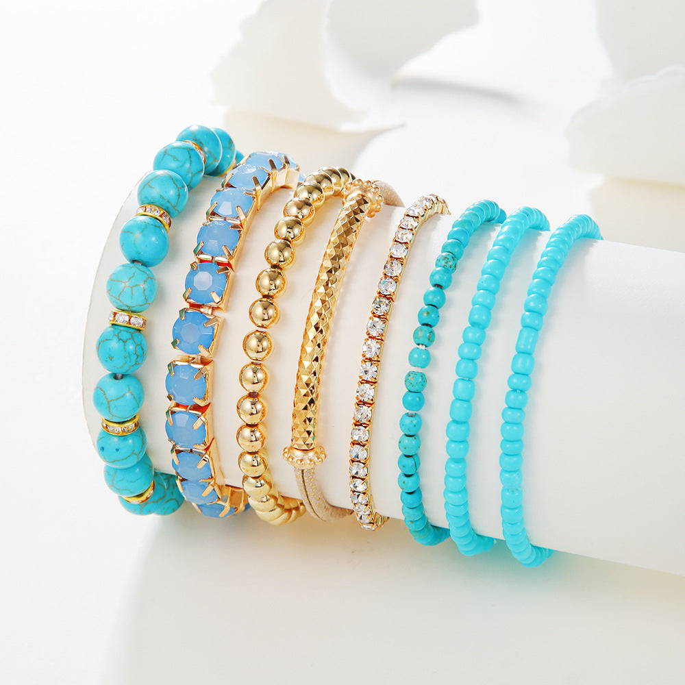Bohemian heat sells turquoise round bead bracelet set, retro elastic rhinestone rice bead bracelet, bracelet bracelet.