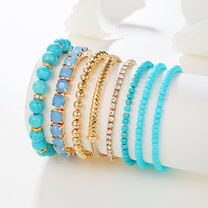 Bohemian heat sells turquoise round bead bracelet set, retro elastic rhinestone rice bead bracelet, bracelet bracelet.