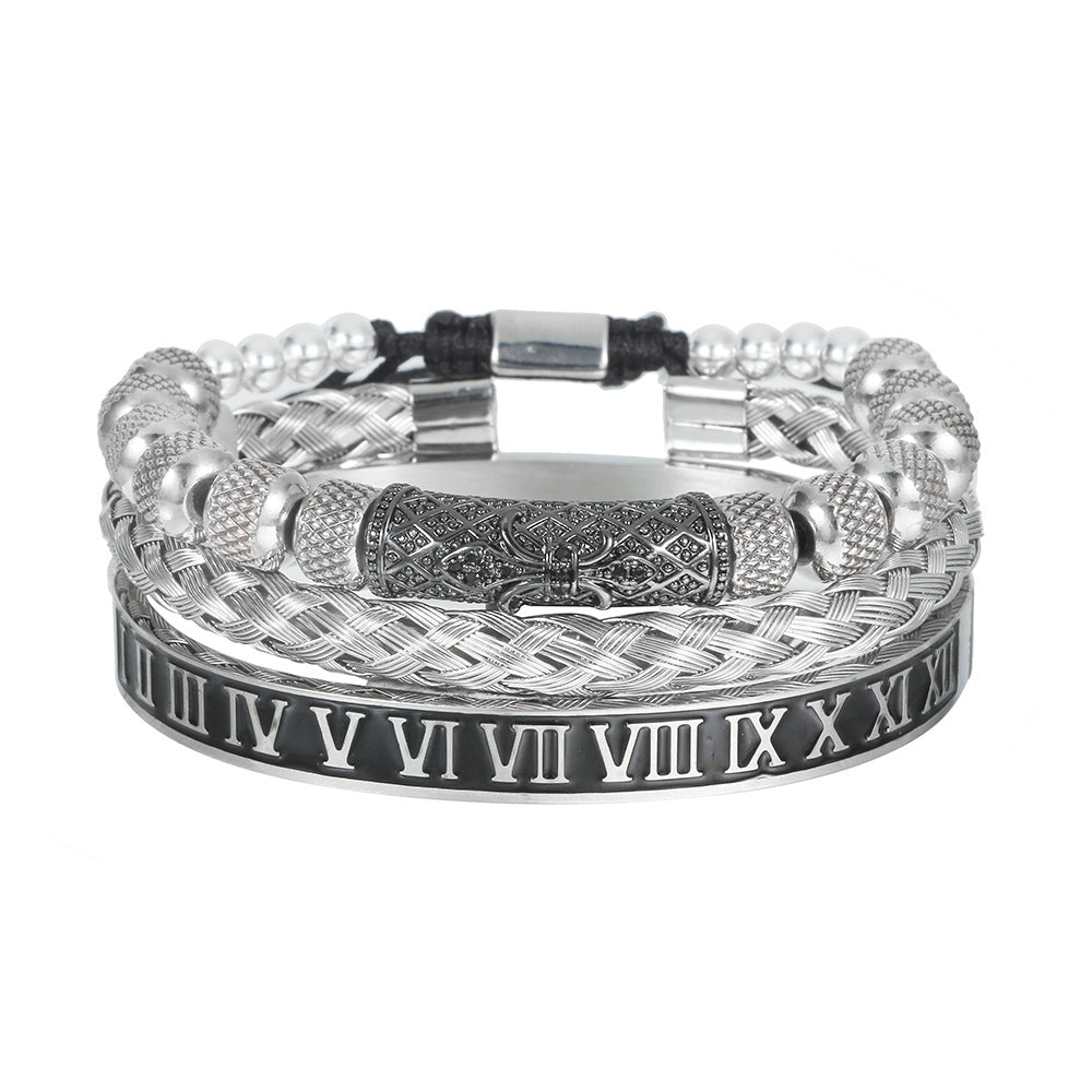 European and American retro zircon pipe bend braided bracelet bracelet set, dripping Roman letter braided stainless steel bracelet