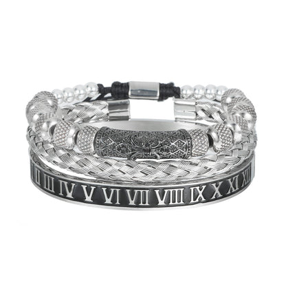 European and American retro zircon pipe bend braided bracelet bracelet set, dripping Roman letter braided stainless steel bracelet