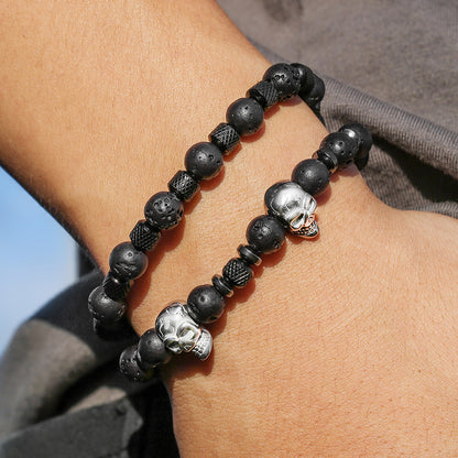 European and American cross-border hot-selling stainless steel skull bracelet men's volcanic stone beaded bracelet non-fading hip-hop bracelet