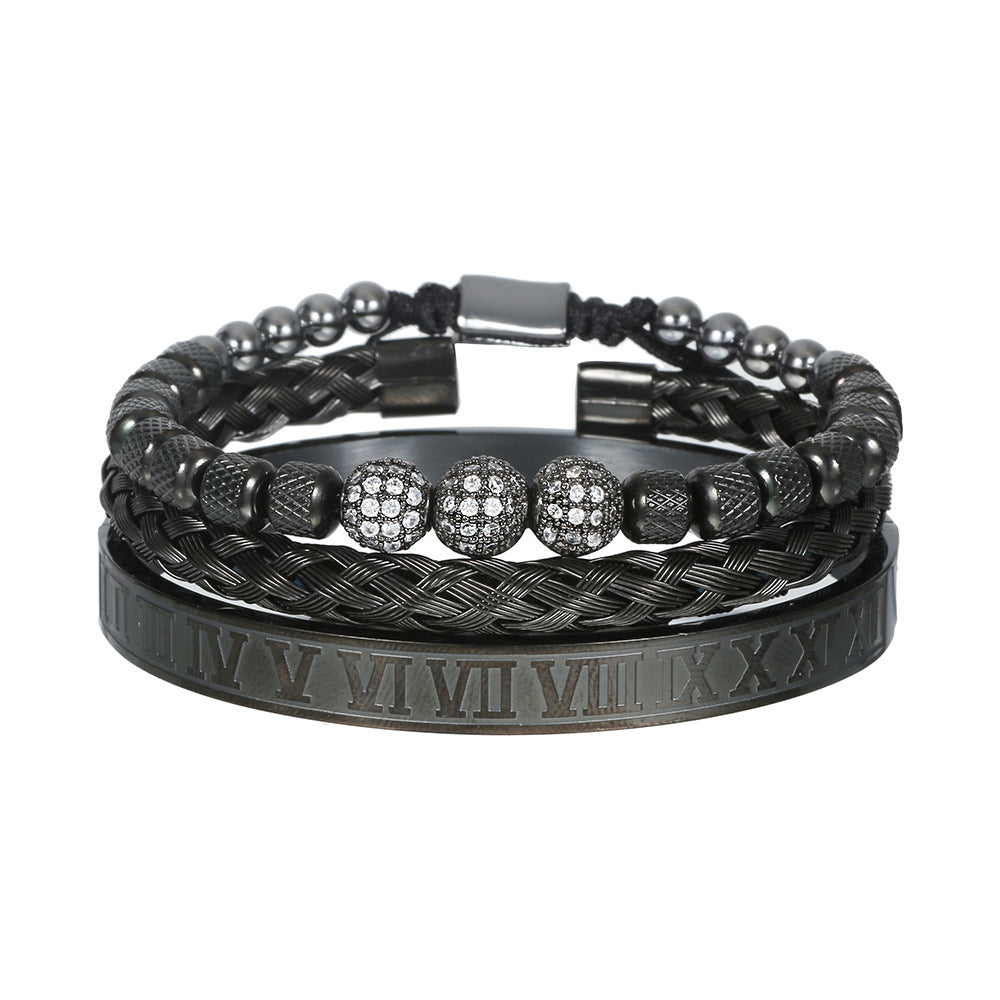 Amazon Hot Sale Men's Bracelet Woven Pineapple Bead Zircon Diamond Ball Three-piece Stainless Steel Roman Numeral Bracelet