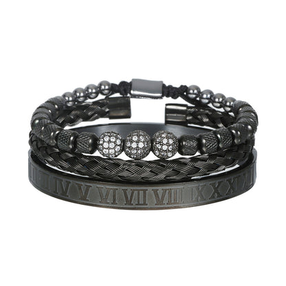 Amazon Hot Sale Men's Bracelet Woven Pineapple Bead Zircon Diamond Ball Three-piece Stainless Steel Roman Numeral Bracelet