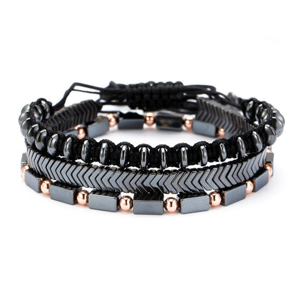 Cross-border explosion, black matte wood bead bracelet, hematite beaded bracelet set, men's black agate bead elastic bracelet.