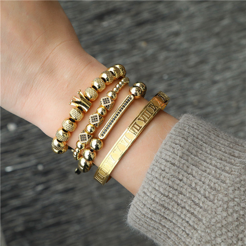Cross-border explosive copper inlaid zircon bracelet combination stainless steel open bracelet woven crown bracelet stacked bracelet men