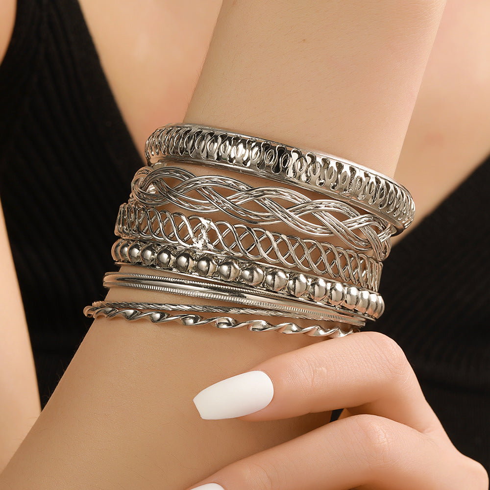 Cross-border European and American new jewelry, fashionable personalized texture multi-layer metal bracelet set 7 sets of iron bracelets