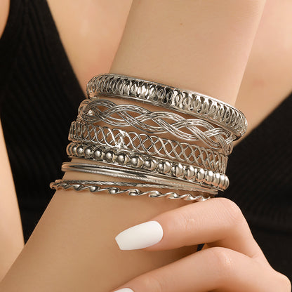 Cross-border European and American new jewelry, fashionable personalized texture multi-layer metal bracelet set 7 sets of iron bracelets