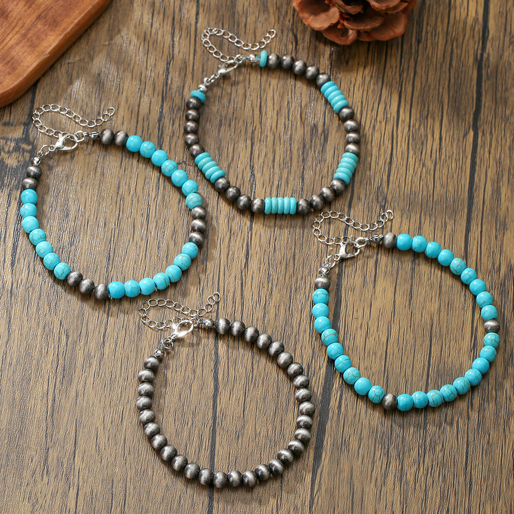 European and American retro brushed tin ccb round bead bracelet Amazon Navajo western handmade beaded turquoise bracelet women