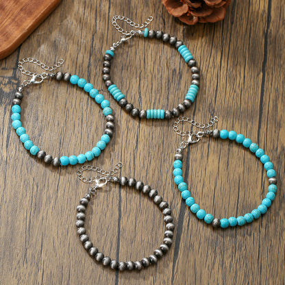 European and American retro brushed tin ccb round bead bracelet Amazon Navajo western handmade beaded turquoise bracelet women