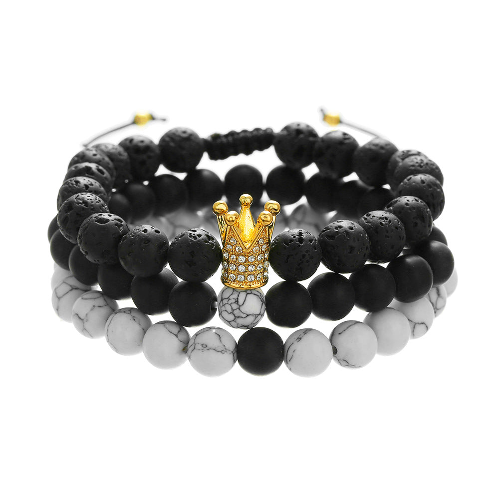 Cross-border new micro-inlaid zircon crown bracelet set, white pine, tiger's eye, volcanic stone elastic woven bracelet combination