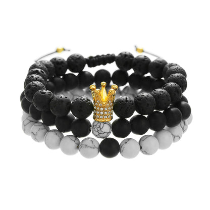 Cross-border new micro-inlaid zircon crown bracelet set, white pine, tiger's eye, volcanic stone elastic woven bracelet combination