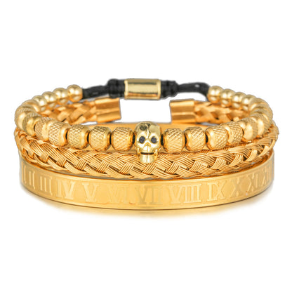 European and American retro zircon skull woven bracelet bracelet set Roman numerals letter woven stainless steel bracelet