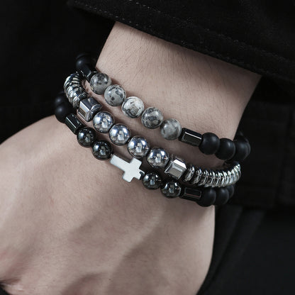 Cross-border new bohemian black gallstone matte bead bracelet set retro multi-layer stacked tree of life bracelet