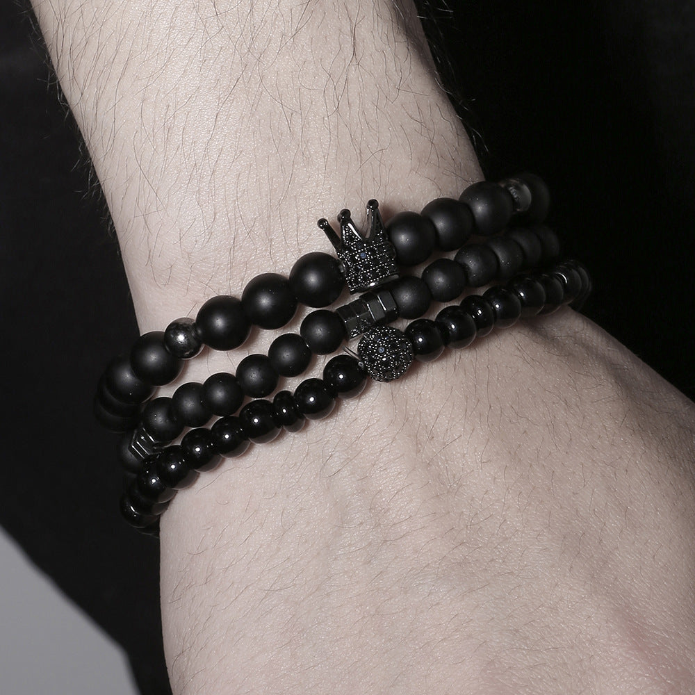 Cross-border hot-selling black matte black gallstone bracelet elastic micro-inlaid zircon crown diamond ball bracelet set couple bracelet