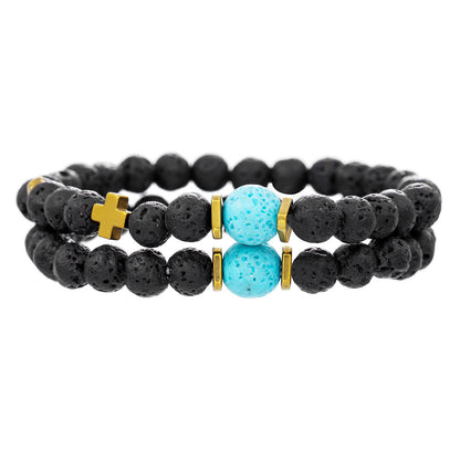 Ins Internet celebrity wind volcanic stone bracelet set simple versatile black gallstone cross elastic bracelet couple bracelet