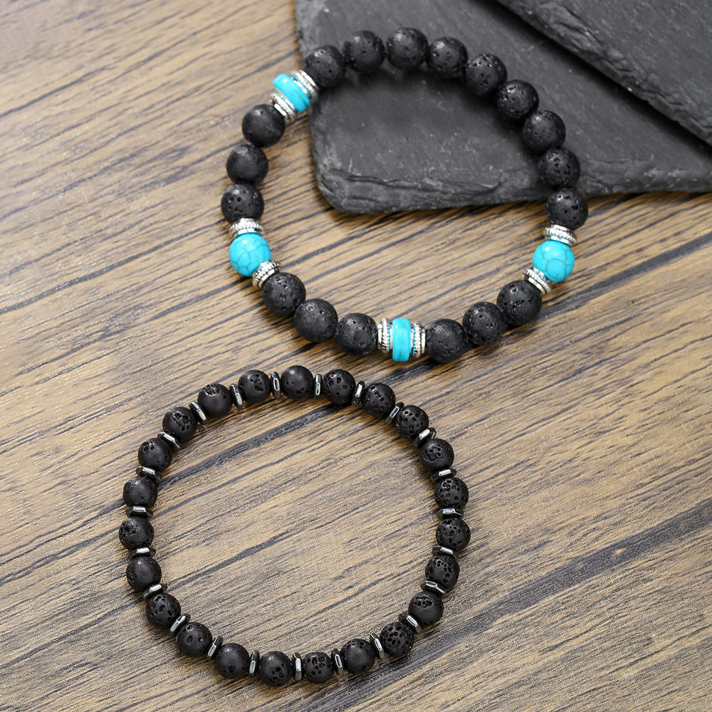 European and American new retro men's turquoise volcanic stone beaded bracelet simple design double-layer stacked bracelet combination