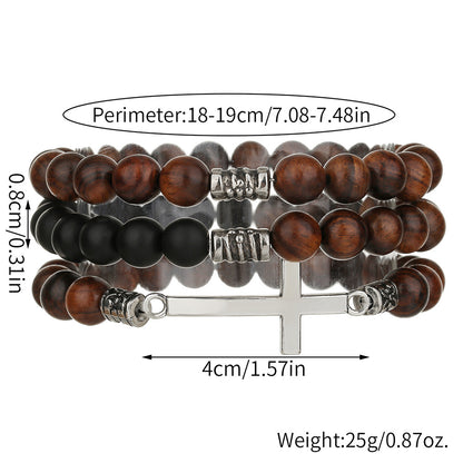 Vintage men's bracelet, Bohemian cross wooden bead bracelet, ethnic style couple multi-layer bracelet set