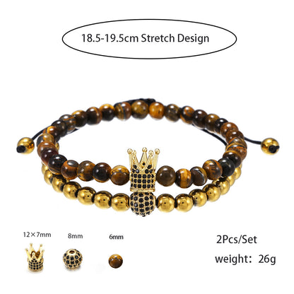 6Mm tiger's eye micro-inlaid zircon crown bracelet, woven bracelet, elastic bracelet set, Buddha bead bracelet.