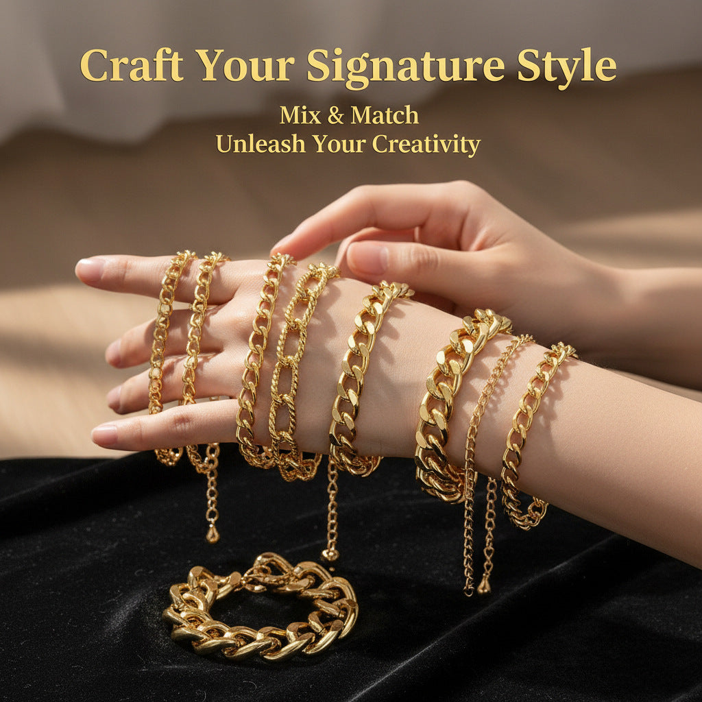 Cross-border European and American texture multi-layer Cuban NK chain bracelet female mix and match personality exaggerated thick chain simple bracelet set