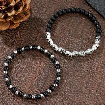 Retro Men's Hip Hop Stainless Steel Skull Bracelet Multilayer Stacked Wear Beaded Weathered Black Agate Bracelet Non-Fading