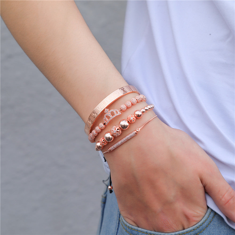 Copper micro-inlaid zircon double leopard head black agate woven bracelet men's stainless steel Roman bracelet stacked bracelet combination