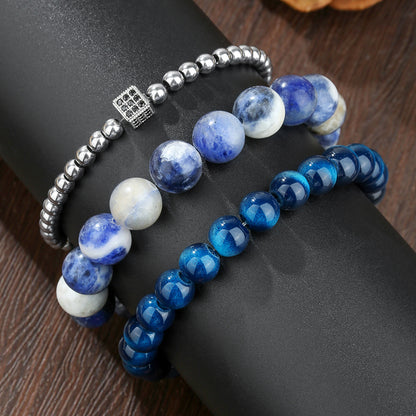 Give boyfriend gifts, fashionable and simple blue dots, blue tiger eyes, beaded elastic bracelet set, multi-layer stacked zircon bracelet.