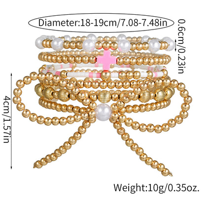 European and American cross-border hand jewelry personalized bow beaded cross multi-layer bracelet INS style imitation pearl bracelet women