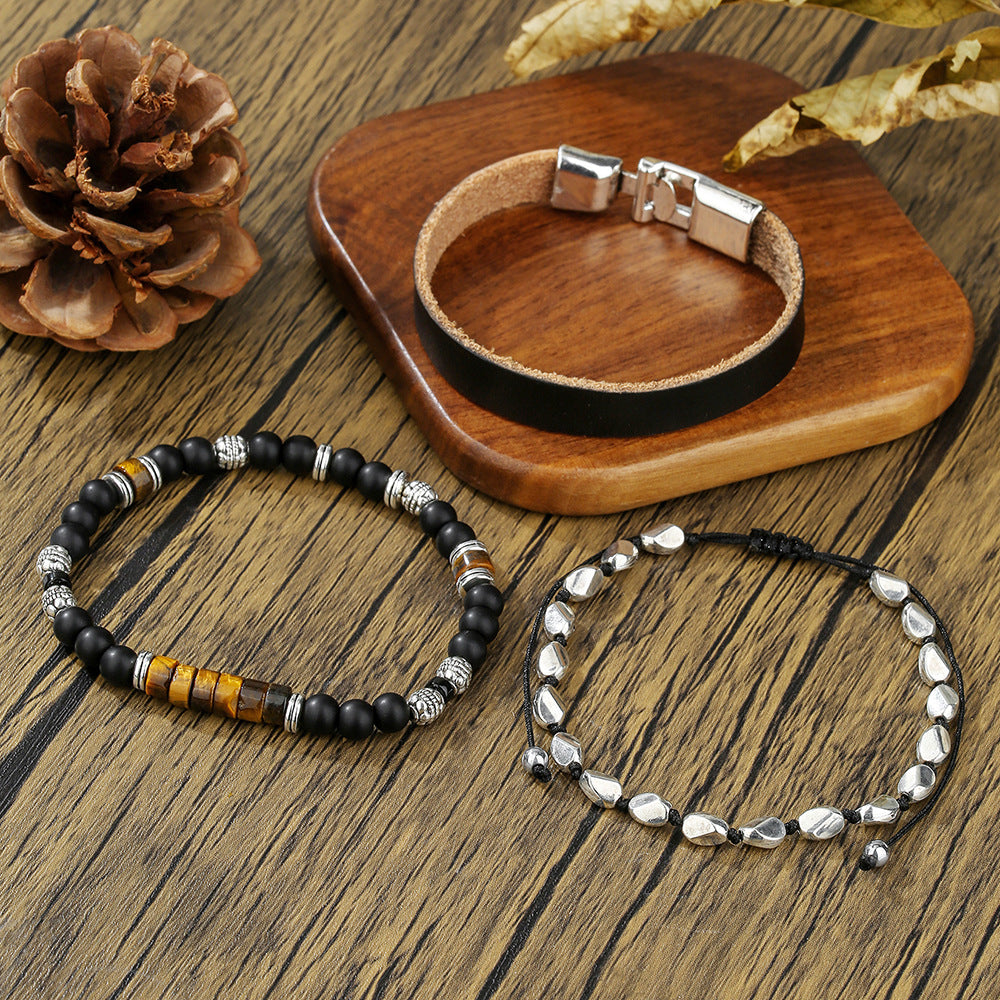 New beaded adjustable yellow tiger eye black agate map stone bracelet combination hip hop men's leather bracelet bracelet