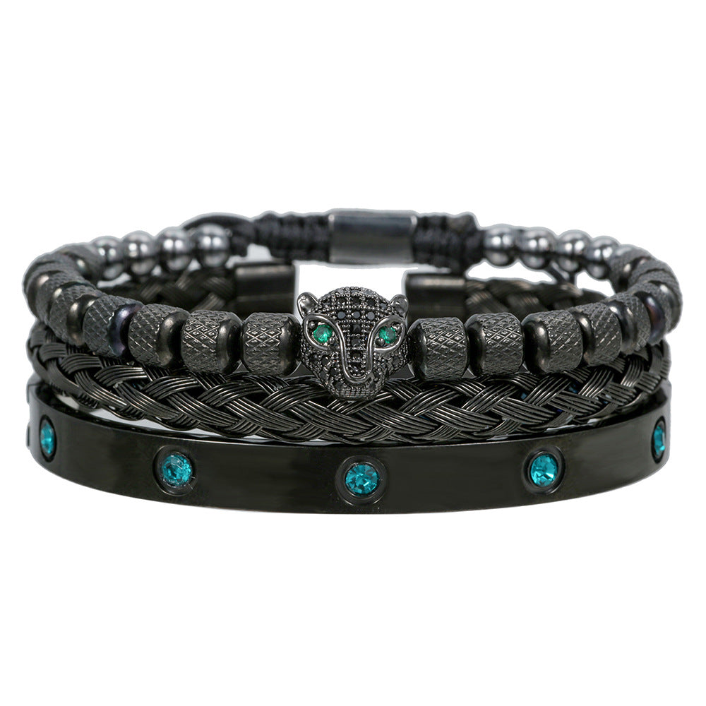 European and American retro versatile zircon leopard head woven bracelet Roman letter woven stainless steel mesh bracelet set