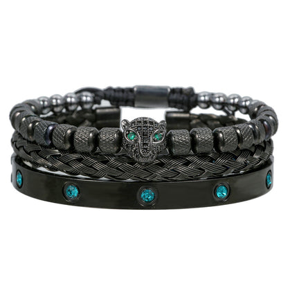 European and American retro versatile zircon leopard head woven bracelet Roman letter woven stainless steel mesh bracelet set