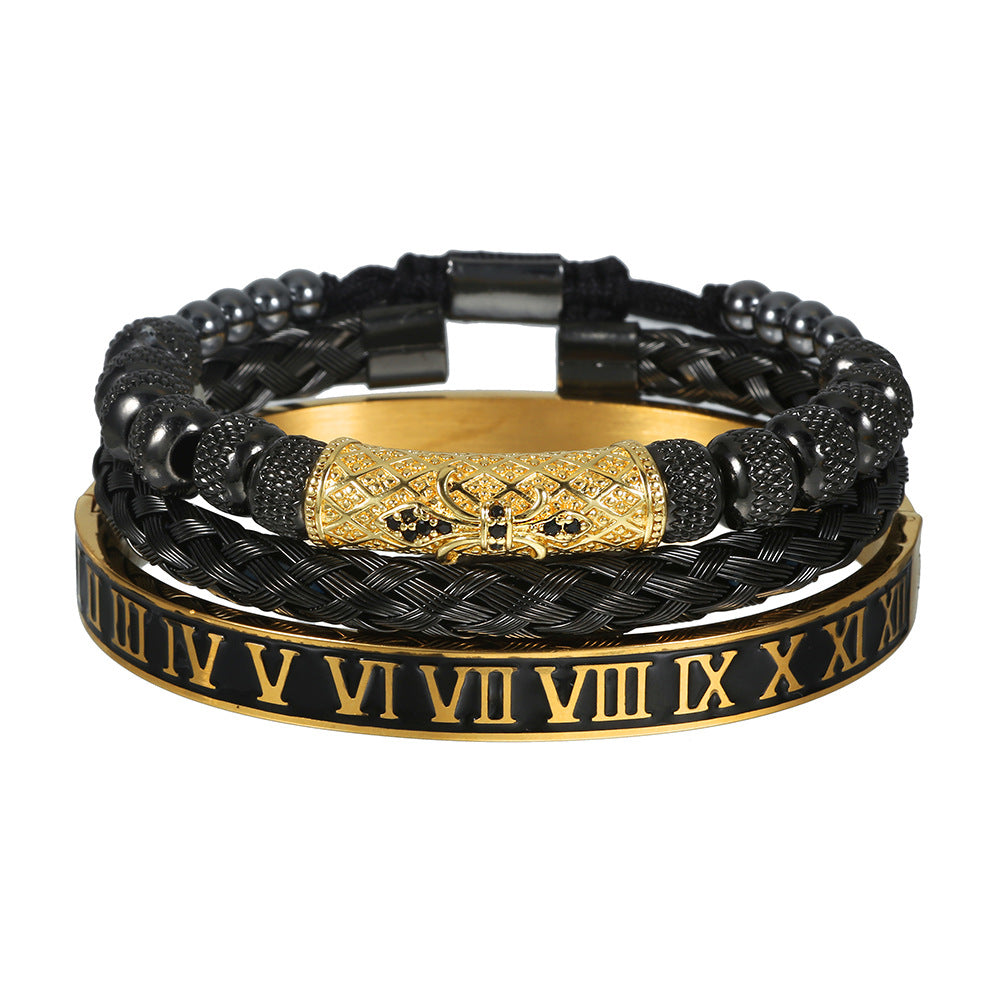 European and American retro zircon pipe bend braided bracelet bracelet set, dripping Roman letter braided stainless steel bracelet