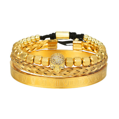 Cross-border zircon ghost head ugly braided bracelet Roman letter braided stainless steel mesh bracelet set