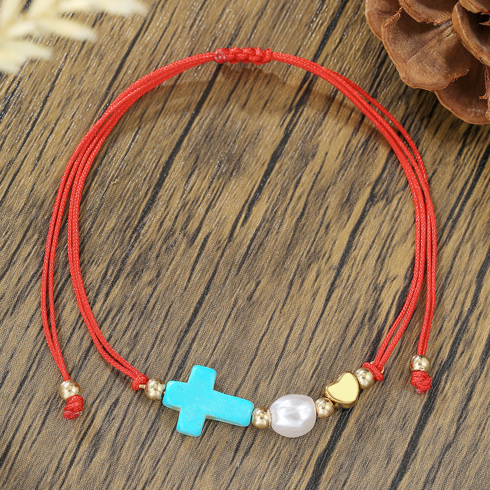Simple Crystal Pearl Girlfriend Bracelet Bohemian Rainbow Rice Beads Beaded Cross Love Friendship Bracelet