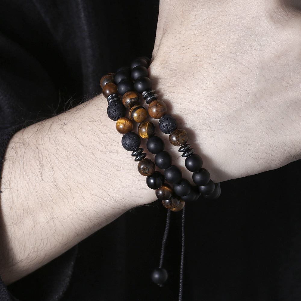 Cross-border hot-selling men's bracelet, tiger's eye stone elastic woven bracelet set, essential oil aromatherapy beads 3 bracelets men's.